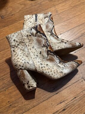 Charles David Snake-Print Ankle Boots in Beige and Brown